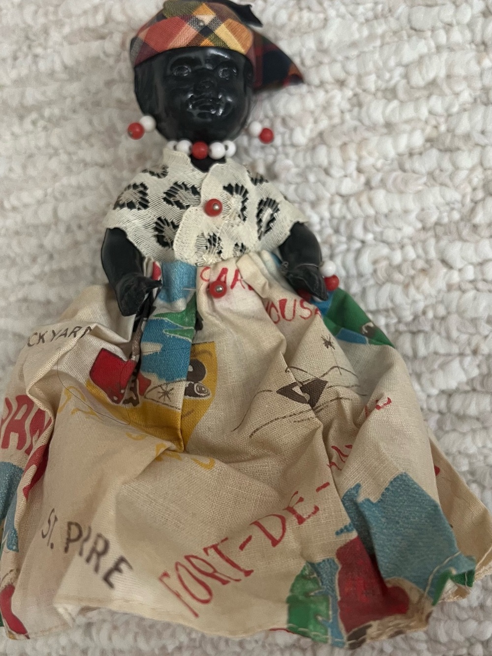 Hand Crafted Black Doll with Multicolor Plaid Headscarf and Patterned Dress